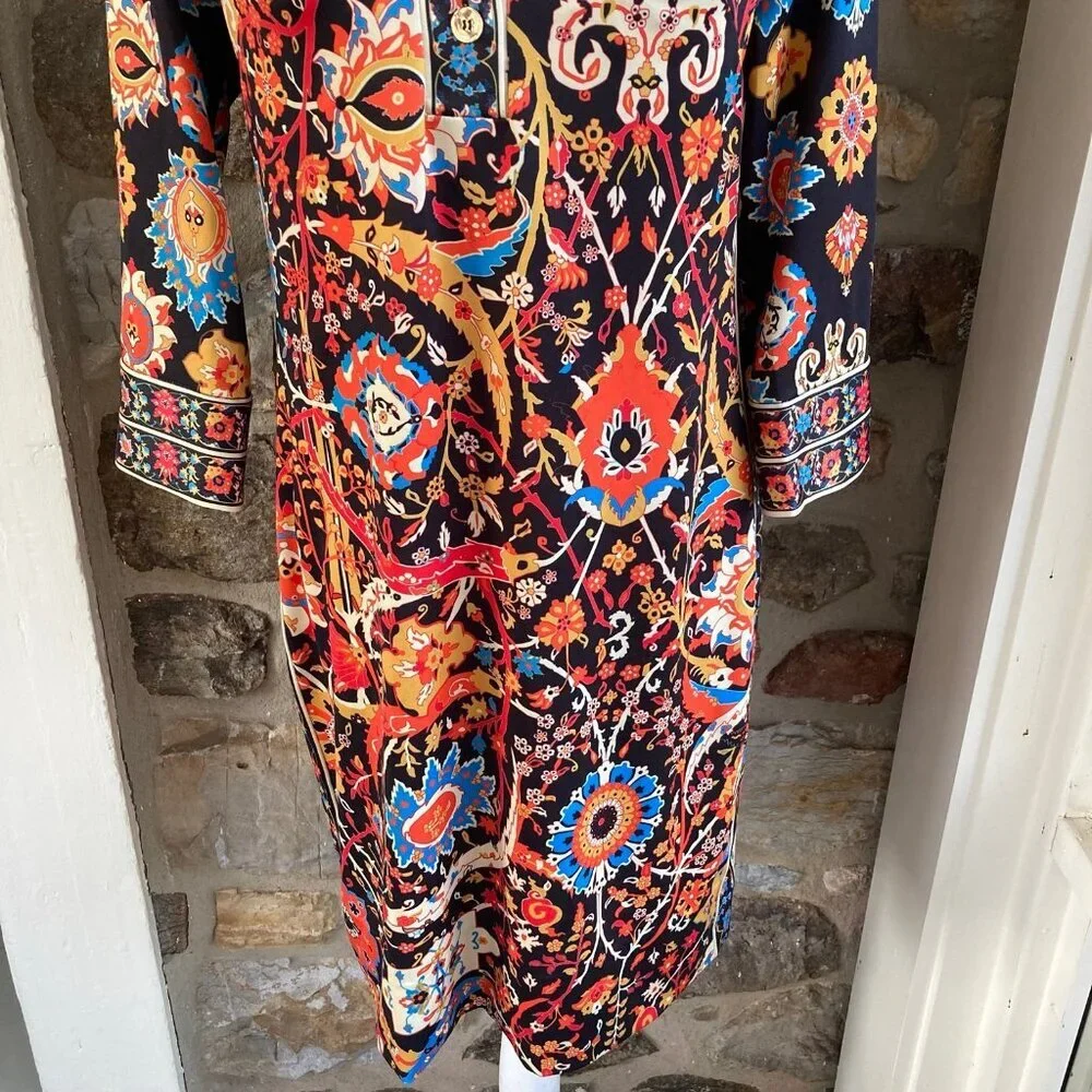 GRETCHEN SCOTT JERSEY MANDARIN DRESS MAGIC CARPET BLACK MULTI $189 Womens Small - Picture 4 of 11